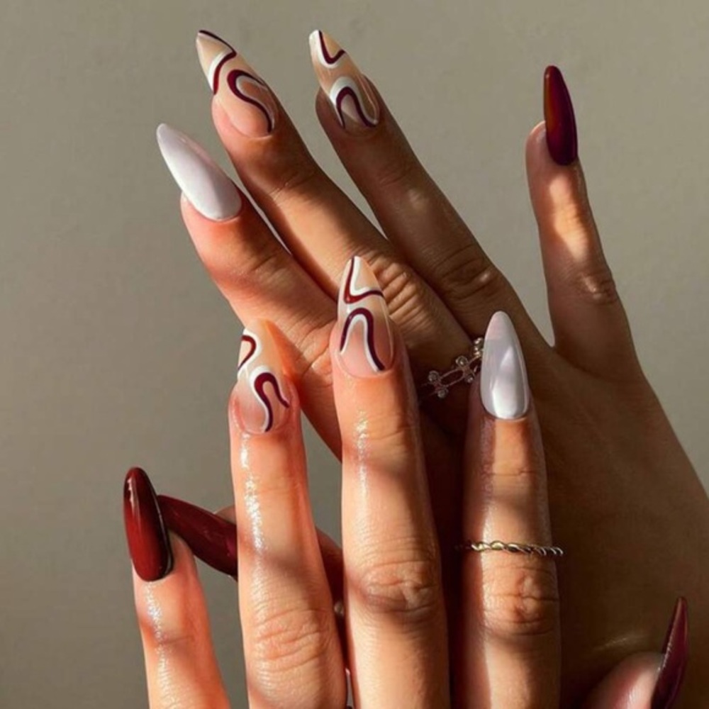 Y2K 24 Piece Brown & White Almond Shaped Fashion Fall Press On Nails